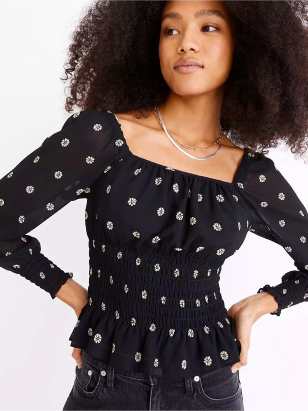 Madewell Black Square-Neck Smocked Peasant Top with White Floral Dots